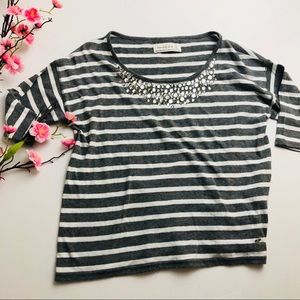 EUC XS A&F jeweled striped blouse 3/4 sleeve knit